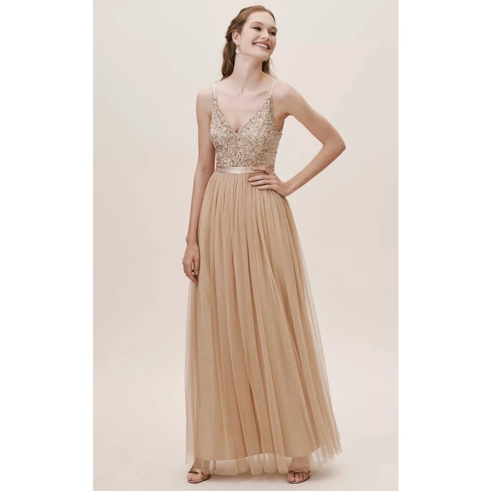 BHLDN Gold Sequin Bodice Champagne Tulle Maxi Dress